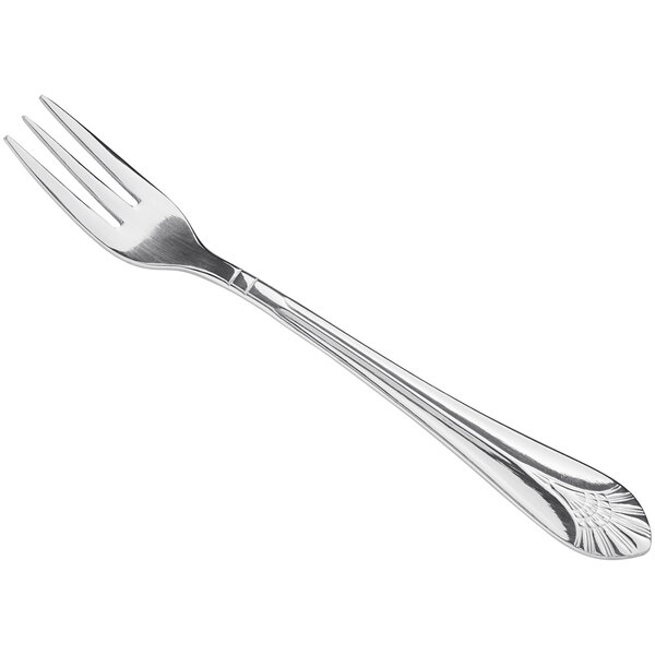 A Libbey Metropolitan stainless steel cocktail fork with a silver handle.