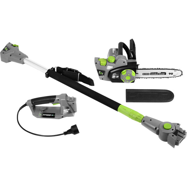 An Earthwise green and black corded pole chainsaw with a close up of the tool.