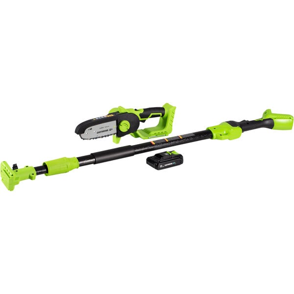 An Earthwise cordless pole saw with a green and black design.
