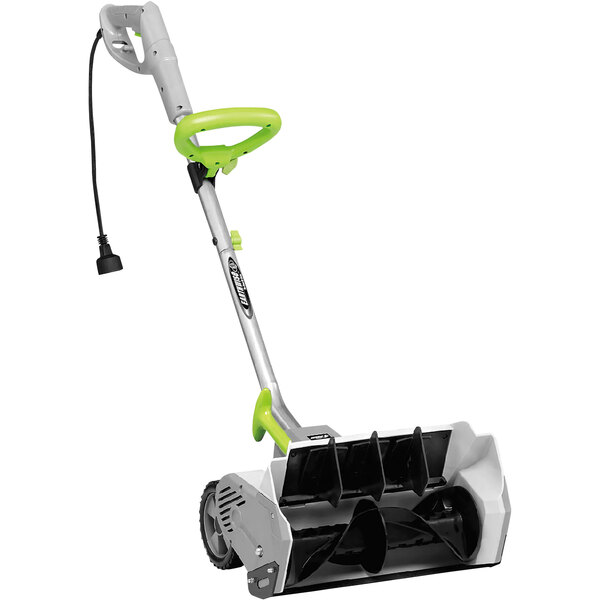 An Earthwise green and grey corded electric snow blower.