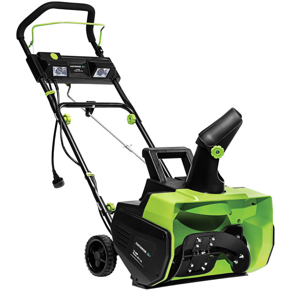 An Earthwise green and black corded electric snow blower with LED lights.
