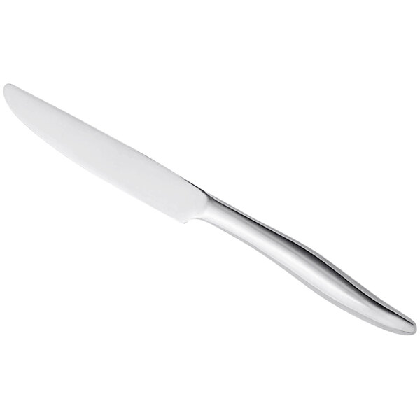 A Libbey stainless steel dinner knife with a white handle and silver tip.