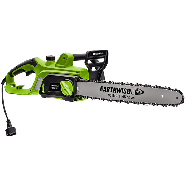 An Earthwise green and black corded electric chainsaw.