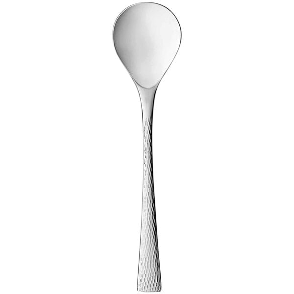 A silver 18/10 stainless steel bouillon spoon with a textured handle.