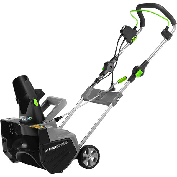 An Earthwise snow blower with a green and black handle.