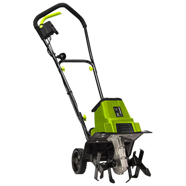 An Earthwise green and black corded electric tiller.