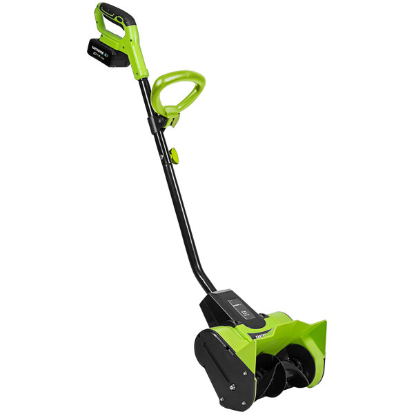 An Earthwise 20V green and black cordless snow blower.