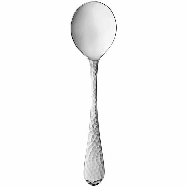 A close-up of a Reserve by Libbey stainless steel bouillon spoon with a tessellated handle.