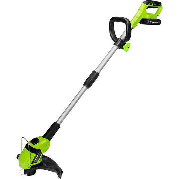 An Earthwise green and black cordless string trimmer with battery and charger.