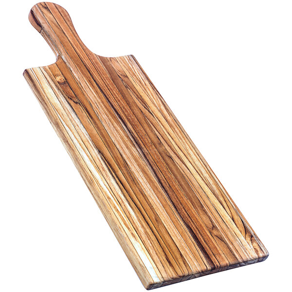 A Teakhaus teakwood serving board with a handle.