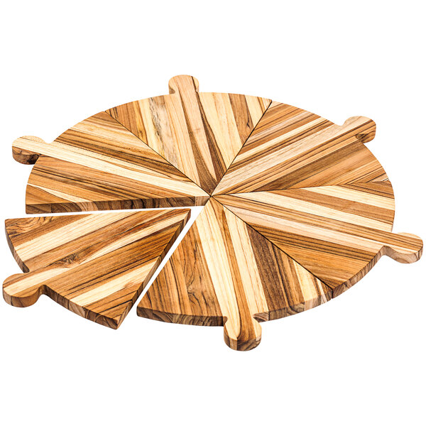 A Teakwood pizza platter with a circular pattern and four slices of pizza cut on it.