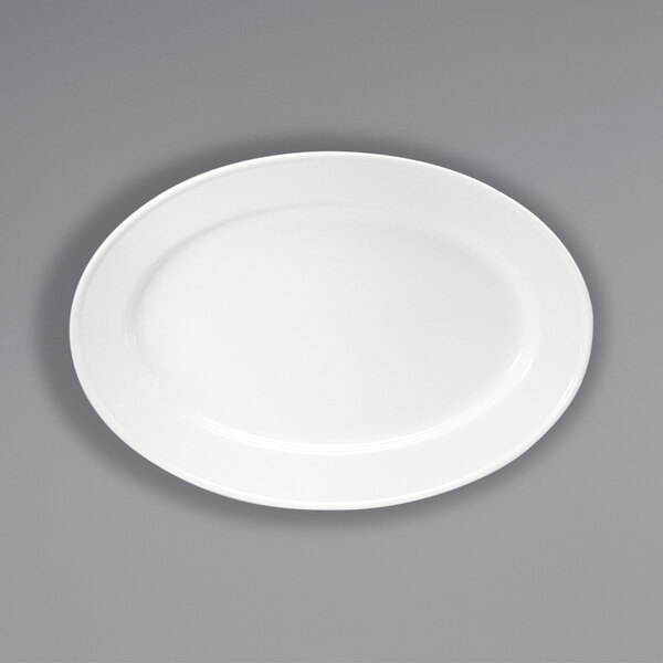 A Oneida Classic cream white porcelain platter with a white rim on a gray surface.