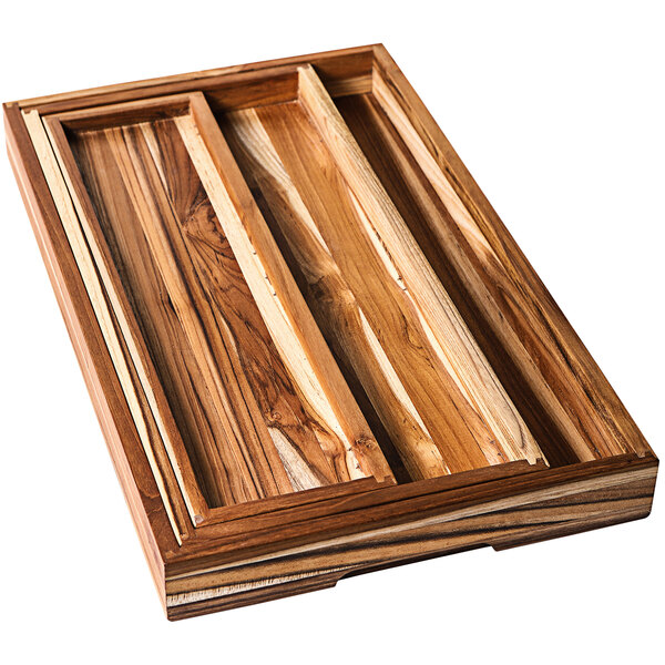 A Teakhaus wooden tray with three compartments.