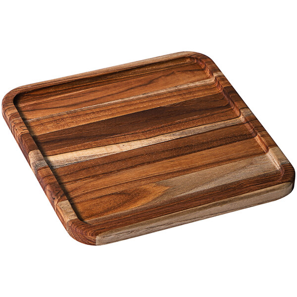 A Teakhaus square teakwood serving tray with a handle.