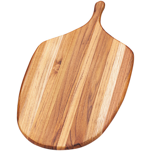 A Teakhaus teakwood paddle serving board with a handle.