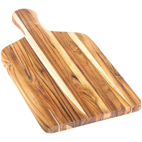 A Teakwood serving board with a handle.