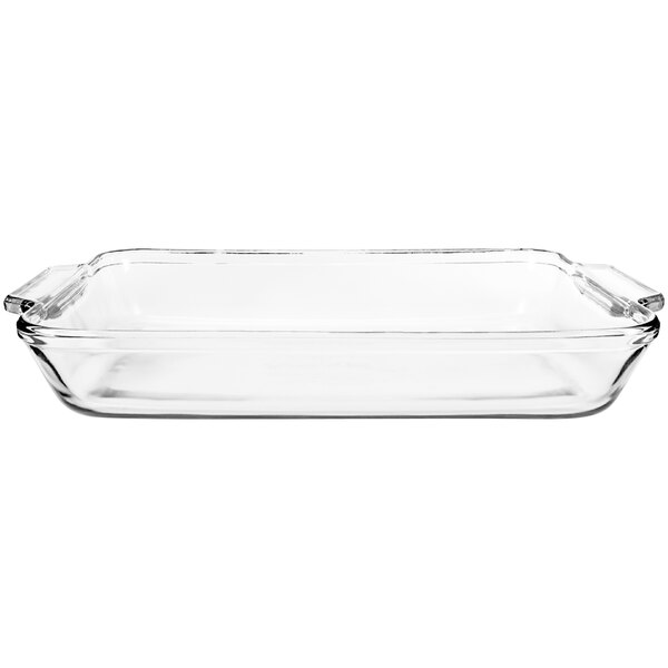 An Anchor Hocking clear glass rectangular baking dish with handles.