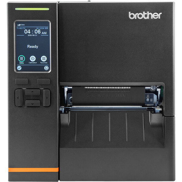 A Brother TJ-4121TN label printer with a screen.