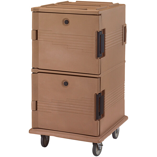 A brown Cambro food pan carrier on wheels.