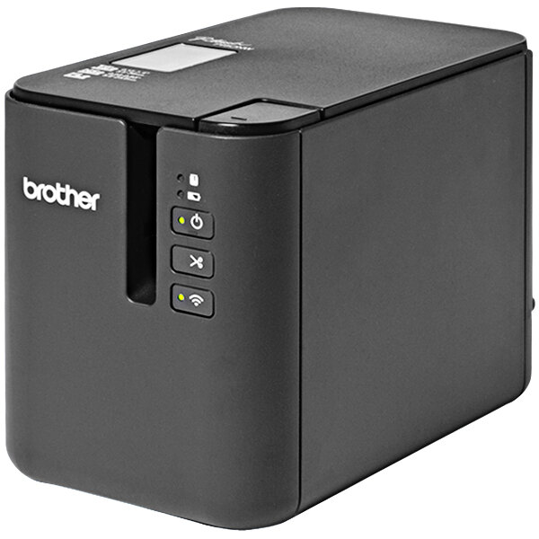 A black rectangular Brother label printer with buttons.