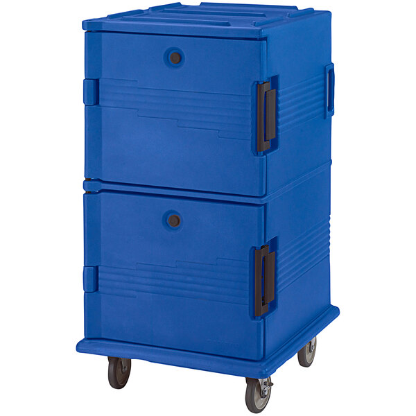 A navy blue Cambro Ultra Camcart for food pans on wheels.