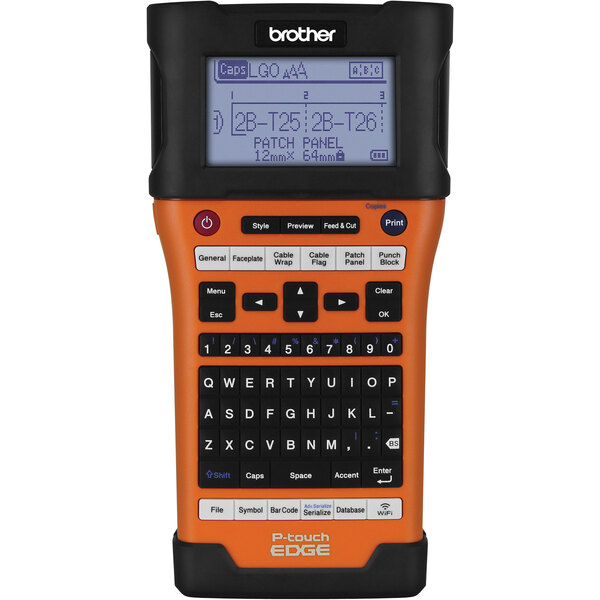 A close-up of a Brother P-Touch Edge industrial wireless handheld label maker with orange and black coloring.