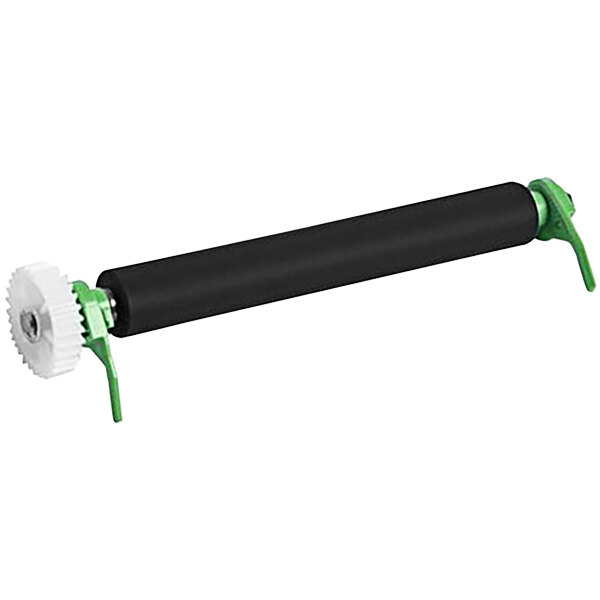 A black and green Brother platen roller with white wheels.