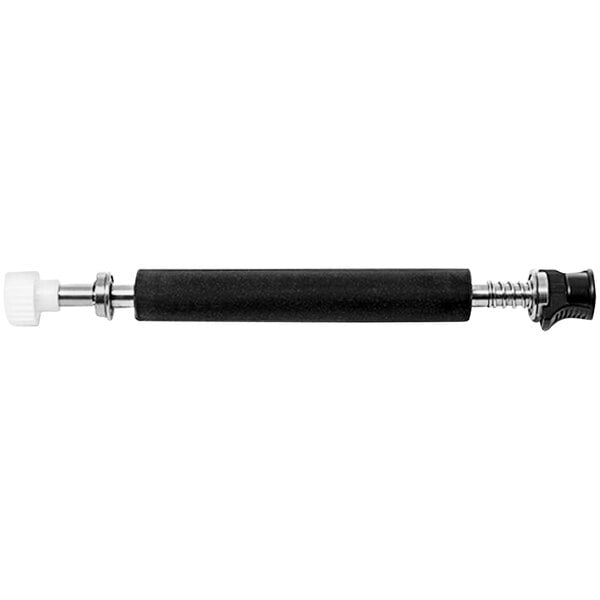 A rectangular black metal rod with a white plastic handle.