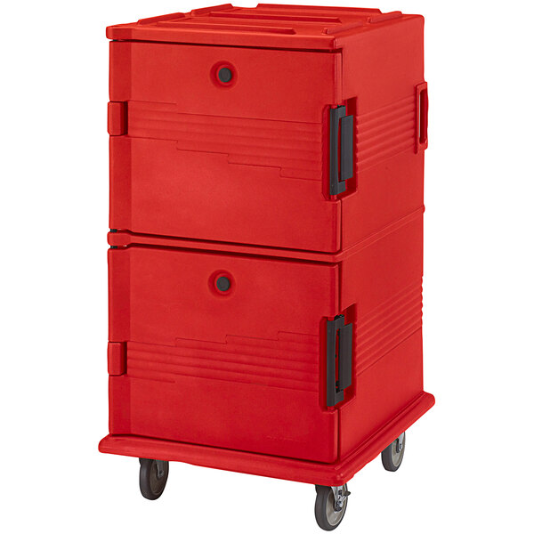 A red plastic Cambro food pan carrier on wheels.