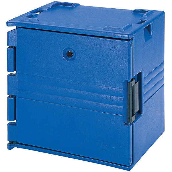 A navy blue Cambro front loading insulated bakery container with 7 rails.