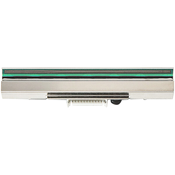 A silver rectangular metal object with green and white stripes.