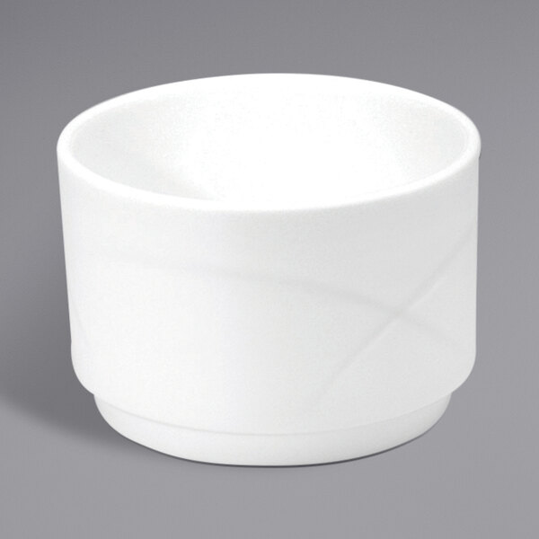 A white bone china bouillon cup with a small handle.