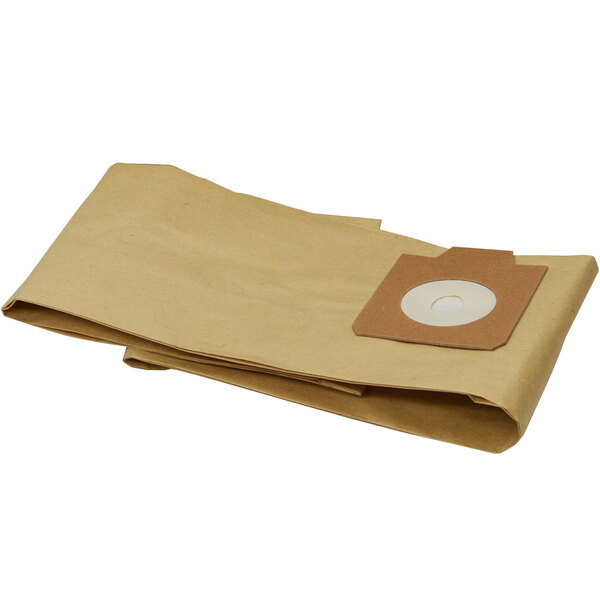 A pile of brown Delfin Industrial disposable filter bags with a white disc on top.