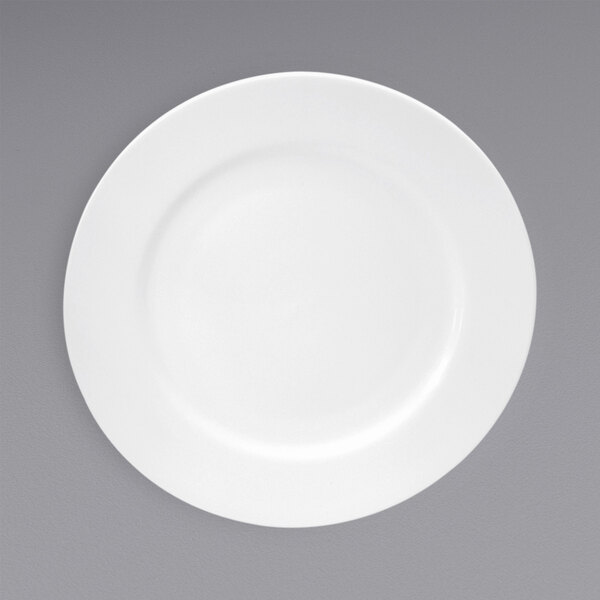 A white Oneida bone china plate with a white rim.