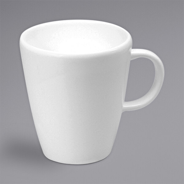A white Oneida Vision bone china mug with a handle.