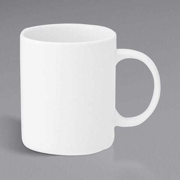 A Oneida Verge warm white porcelain mug with a handle.