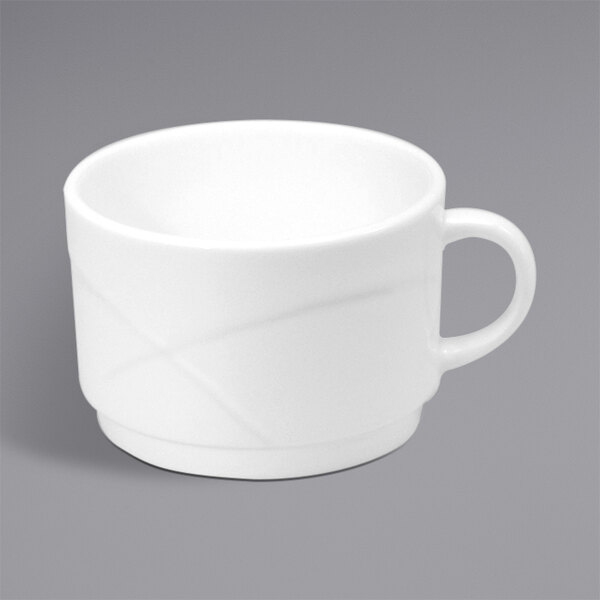 A white Oneida bone china cup with a handle.