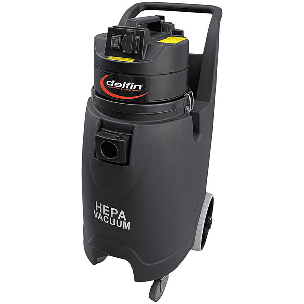 A Delfin Industrial Pro wet/dry canister vacuum with a black lid and wheels.