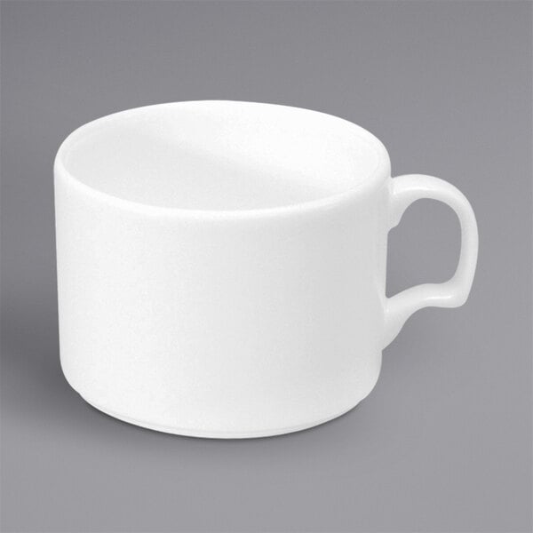 A white Oneida bone china mug with a handle.