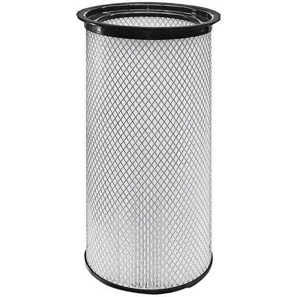 A close-up of a Delfin Industrial HEPA filter with a black and white design and mesh on top.