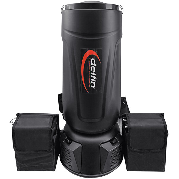 A black Delfin Industrial Pro backpack vacuum with a black cylinder and black bags on it.