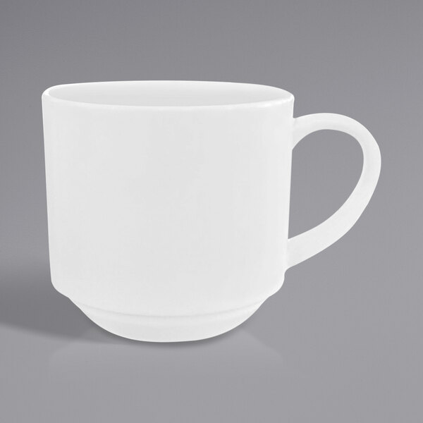 A Oneida Verge warm white porcelain cup with a handle.