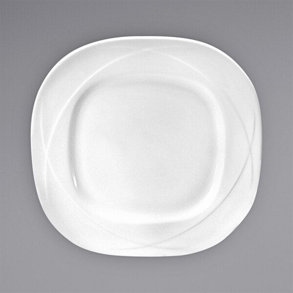 A white square Oneida bone china plate with a curved edge.