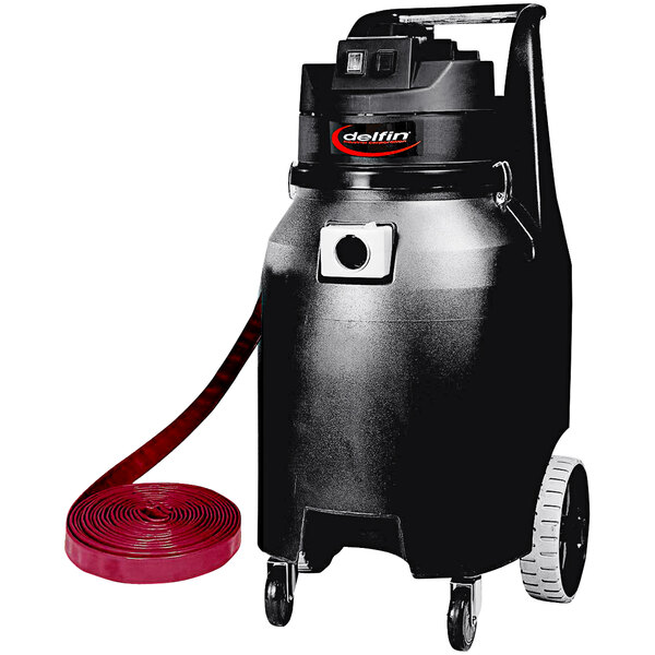 A black and red Delfin Industrial Pro canister vacuum with a hose.