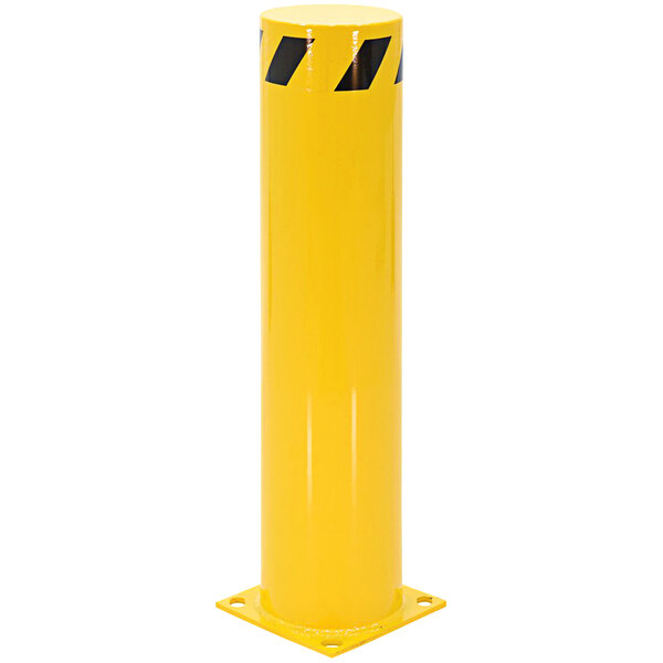 A yellow Vestil steel safety bollard with black stripes.