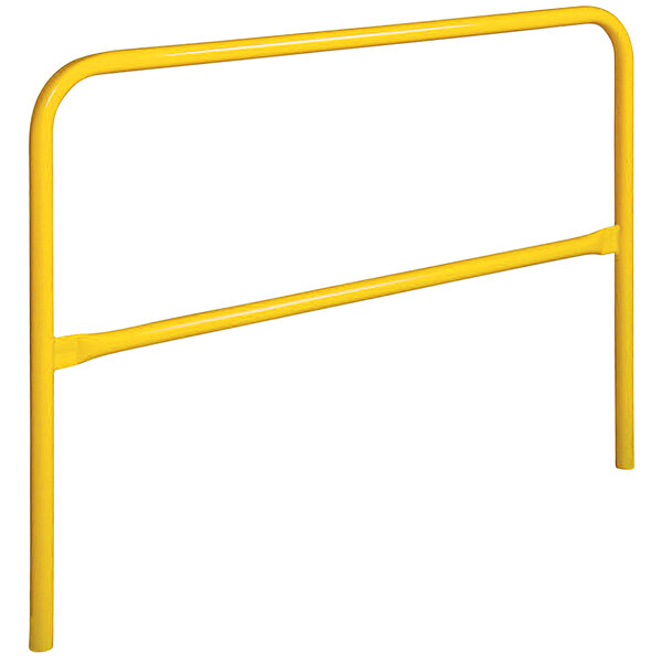 A yellow metal Vestil safety railing bar.