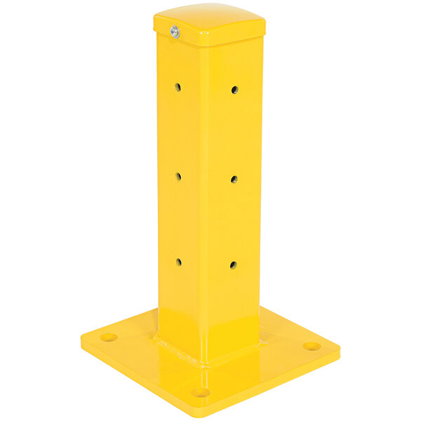 A yellow metal Vestil rectangular post with holes.