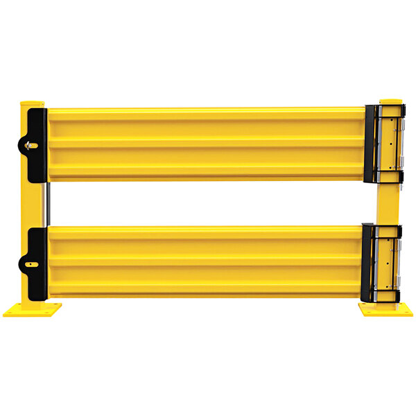 A yellow metal Vestil swing gate with black accents and two black handles.