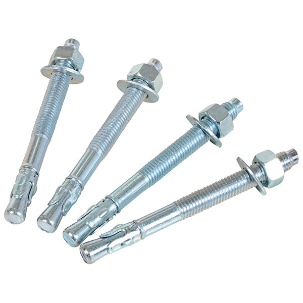 A pack of 4 Vestil concrete anchor bolts with nuts and bolts.