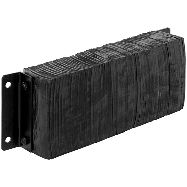 A black rectangular Vestil laminated rubber dock bumper with metal plates on the top and bottom.